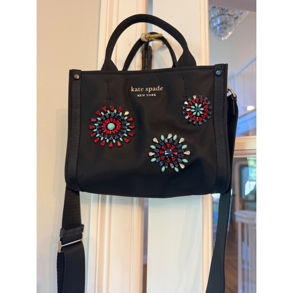 Kate Spade Sam Icon Crystal Embellished Small Tote Black Nylon Crossbody Bag